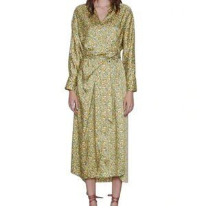 Zara Midi  Wrap Shirt Dress Flower Floral Satin Yellow Gold Green Size Small